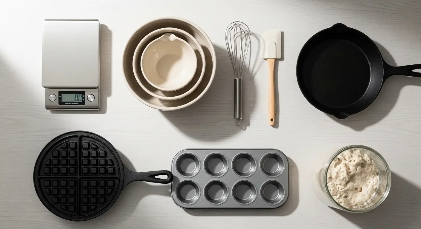Essential baking tools and active sourdough starter arranged on a pale wooden countertop. This flat lay features a digital scale, cast iron pans, and ceramic bowls illuminated by soft natural light creating gentle shadows.