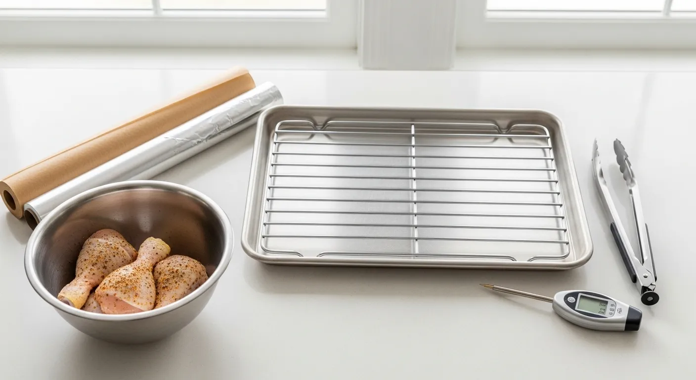 Seasoned chicken drumsticks in a stainless steel bowl rest beside a professional baking sheet with a wire rack on a clean white countertop. The scene includes rolls of parchment paper, aluminum foil, and a digital meat thermometer under bright, diffused natural light.