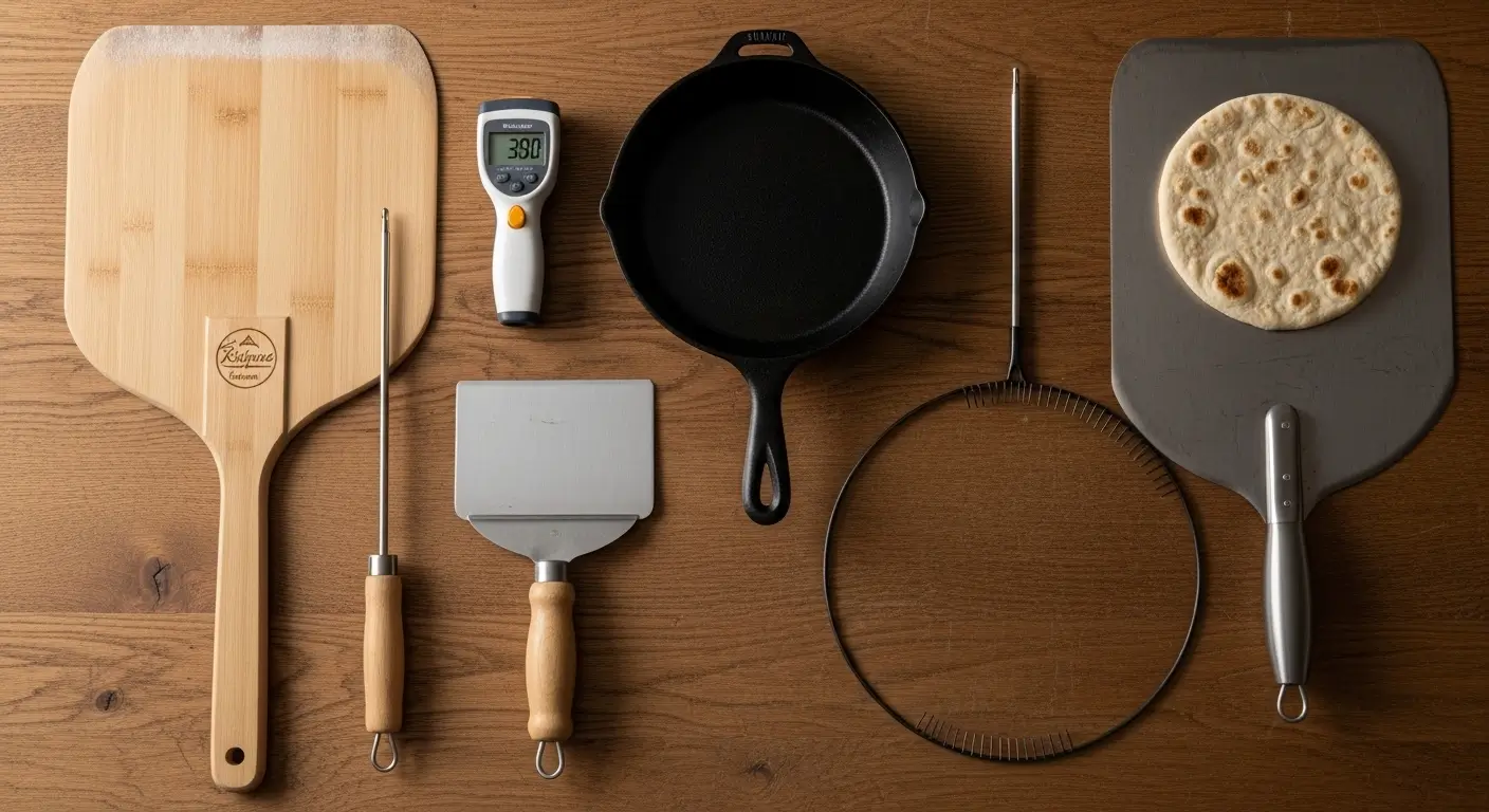 Professional pizza making tools including a bamboo pizza peel and cast iron skillet organized on a warm wooden surface. A thin flatbread with golden toasted spots rests on a metal peel under even, diffused lighting.