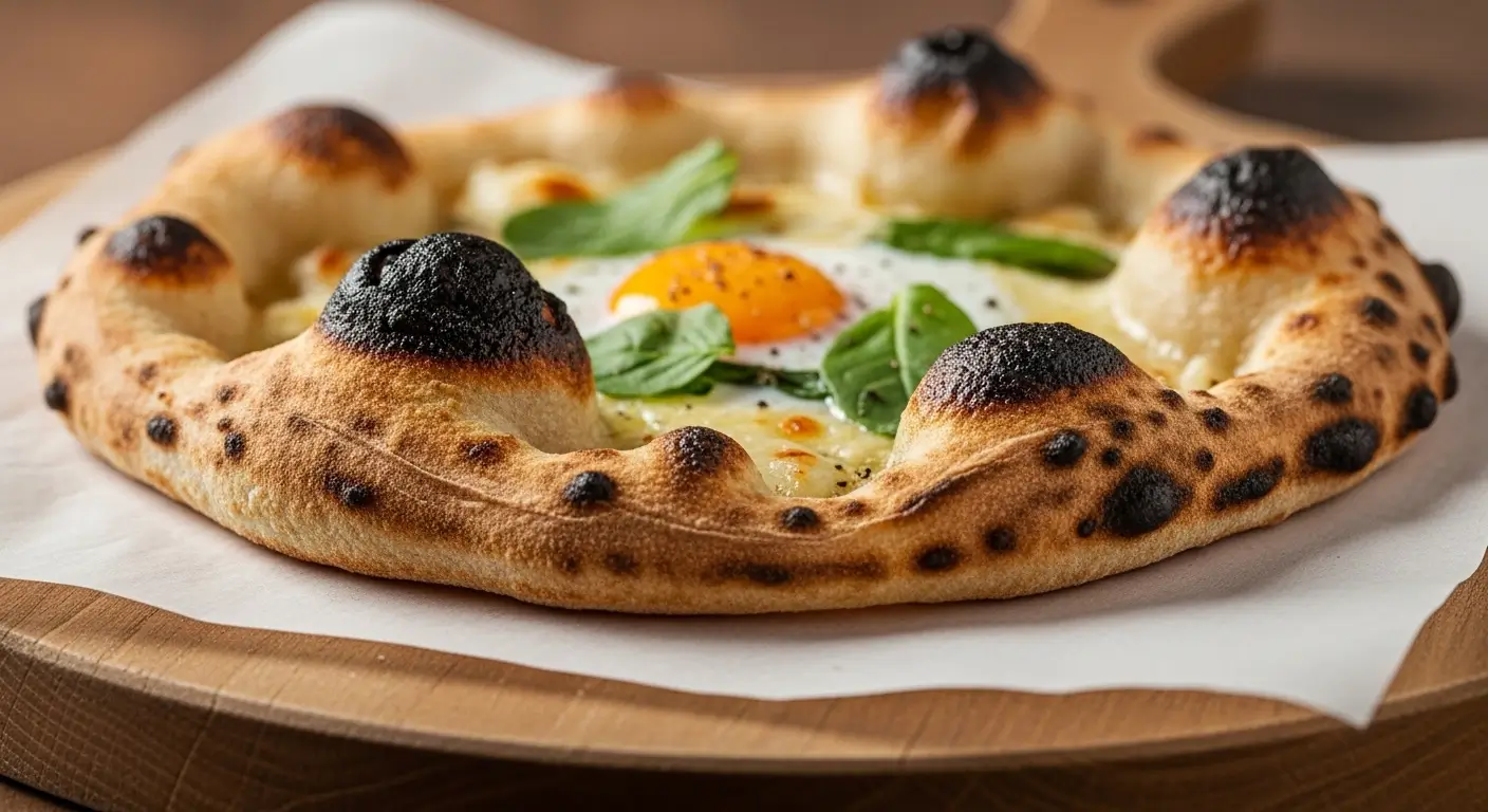 Freshly baked Neapolitan pizza featuring a bubbly, charred crust and a vibrant sunny-side-up egg at its center. Garnished with fresh green basil, the artisan pizza rests on white parchment paper over a wooden peel in soft, natural light.