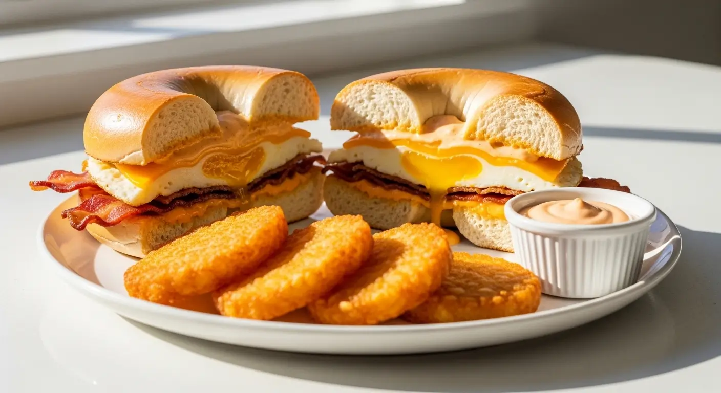 A halved breakfast bagel sandwich featuring crispy bacon, melted cheese, and a dripping egg yolk, served with four golden hash brown patties and a side of creamy sauce on a white plate under bright, direct sunlight.
