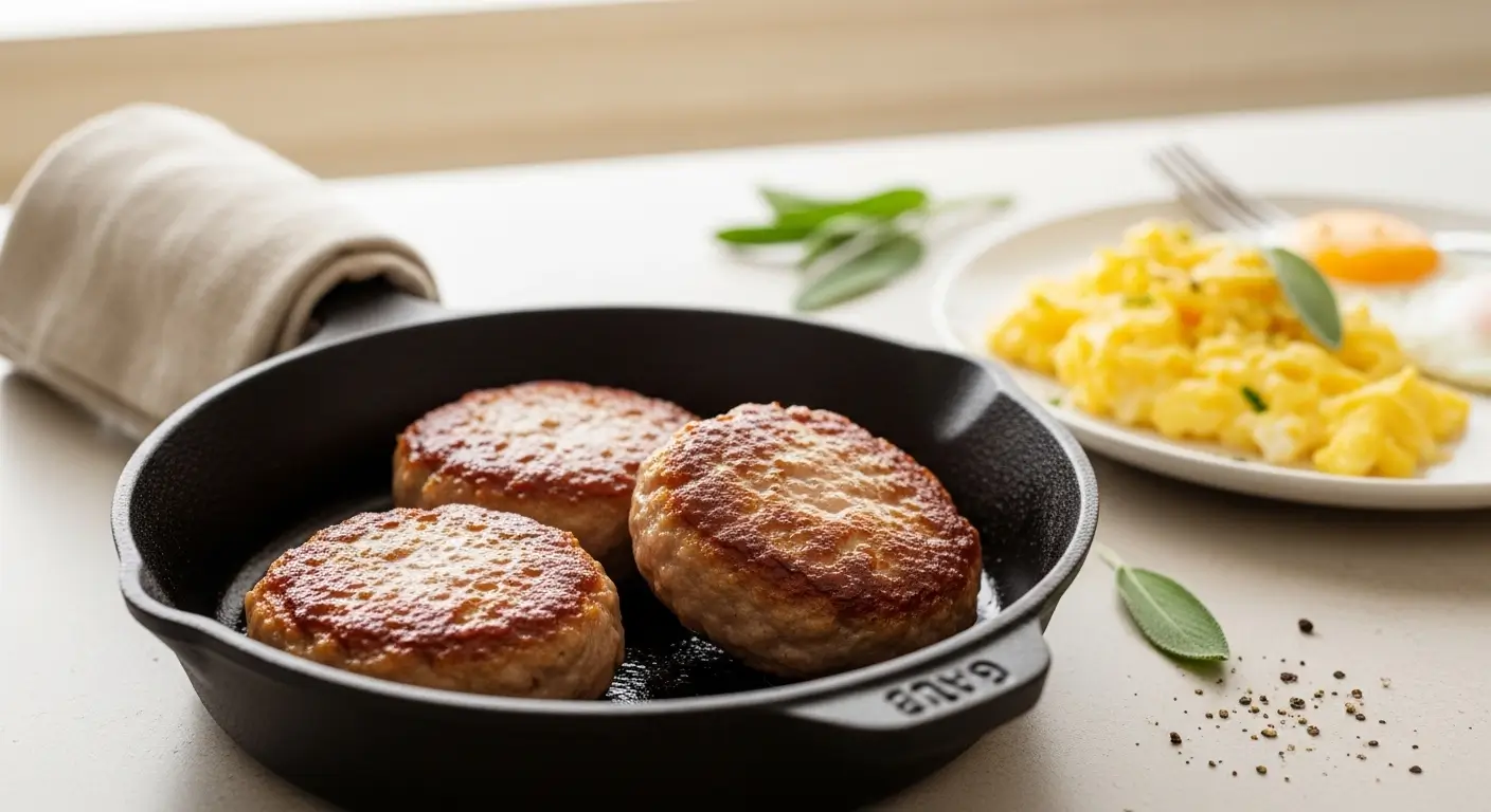 Three seared turkey sausage patties resting in a matte black cast iron skillet, paired with fluffy scrambled eggs and fresh sage leaves on a clean countertop under bright, diffused daylight.