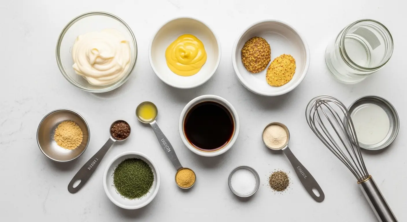 Homemade sauce ingredients like creamy mayonnaise, yellow mustard, and balsamic vinegar arranged in bowls on a white surface. A metal whisk and measuring spoons sit with dried dill and spices under bright kitchen lighting.