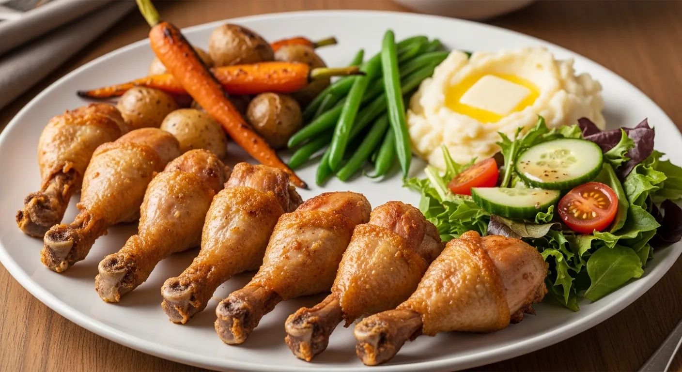 Seven golden crispy fried chicken drumsticks arranged on a white plate with roasted carrots, baby potatoes, green beans, and buttery mashed potatoes, accompanied by a fresh garden salad under bright, warm lighting.