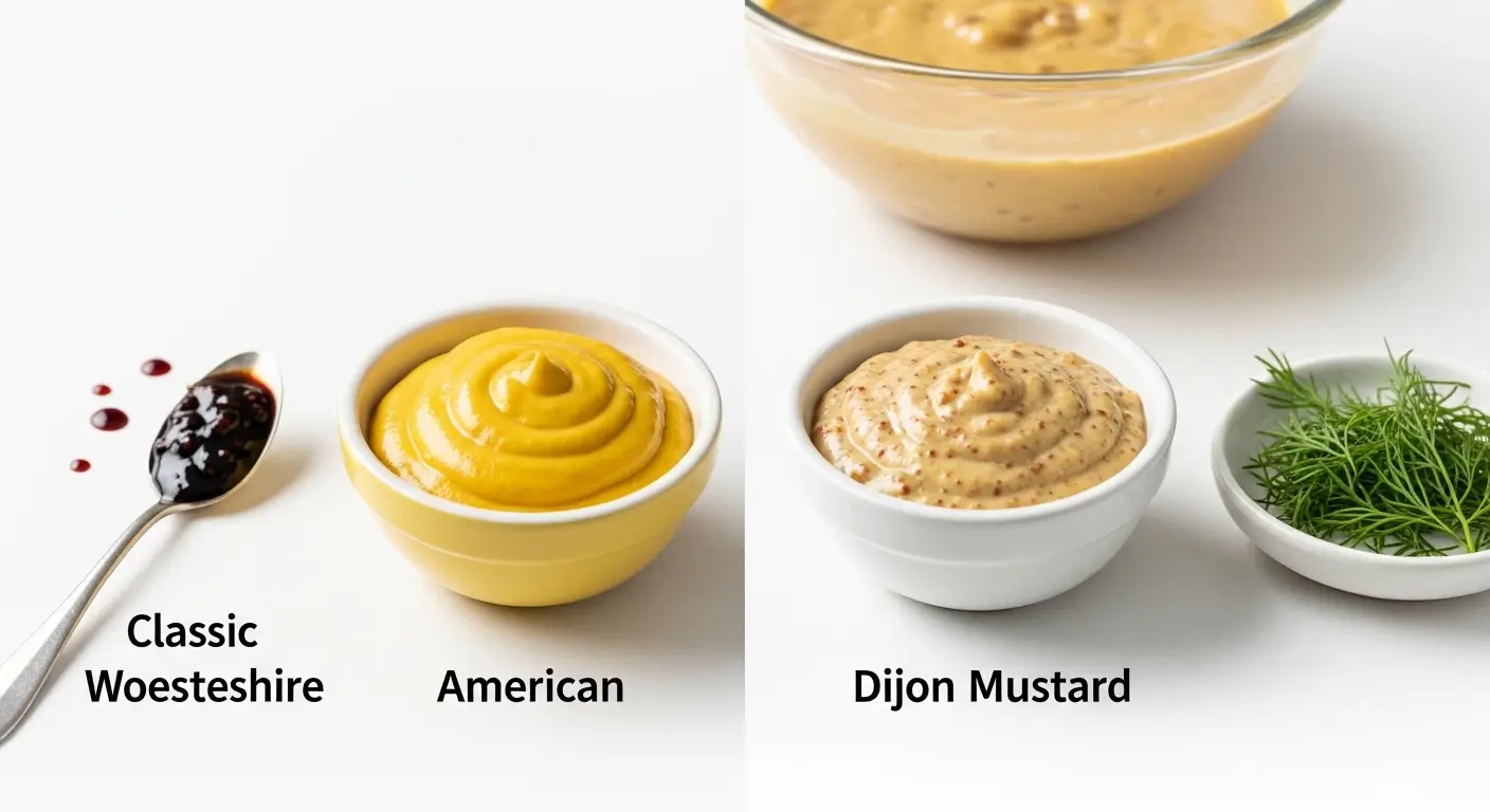 A spoon of glossy dark Worcestershire sauce sits beside a yellow bowl of smooth American mustard and a white bowl of textured Dijon mustard, accompanied by fresh green dill on a bright white surface under clean, diffused light.