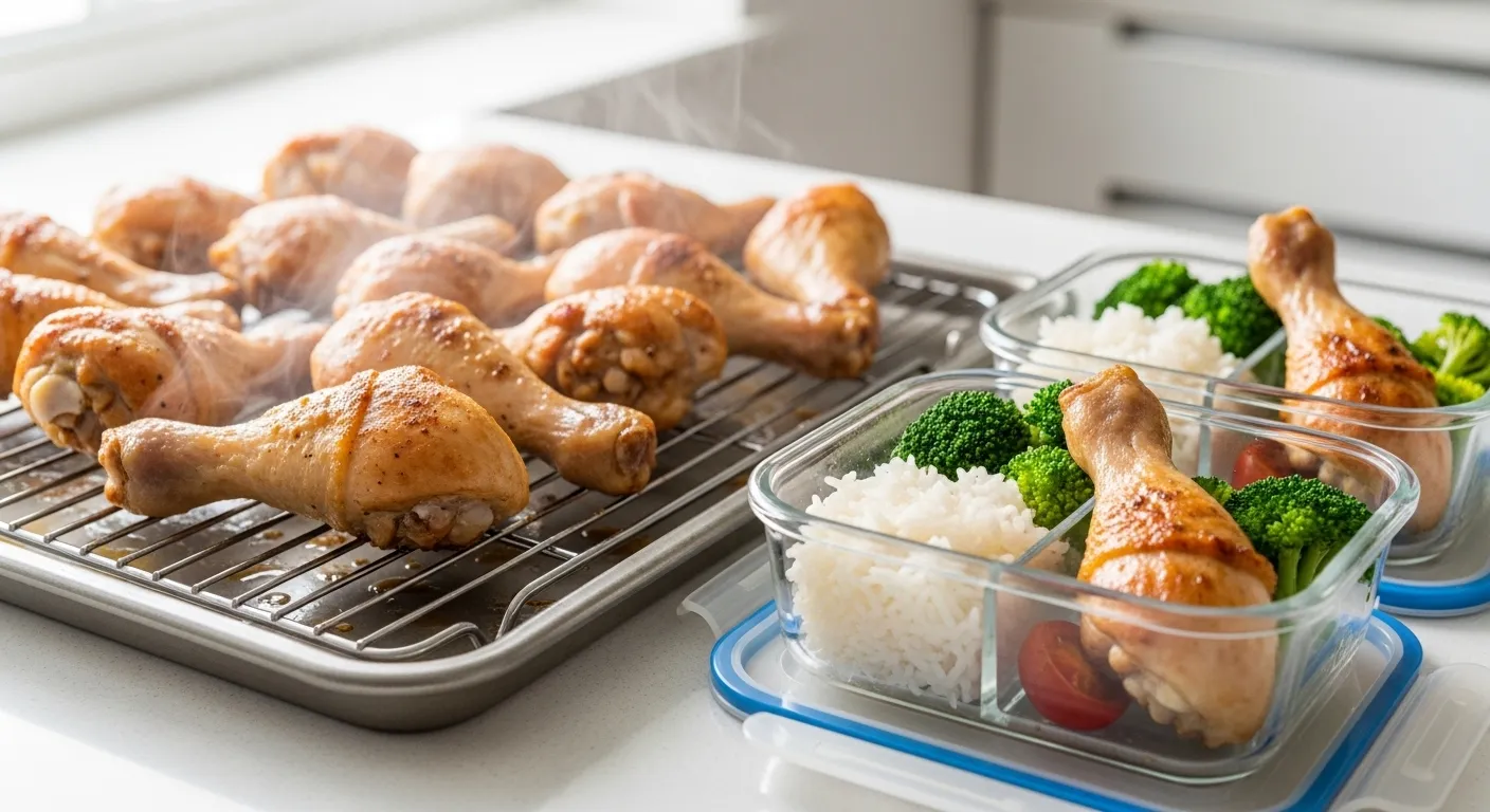 Golden-brown roasted chicken drumsticks steam on a wire rack next to glass meal prep containers filled with fluffy white rice and vibrant broccoli. This healthy meal prep scene is illuminated by soft, natural kitchen light.