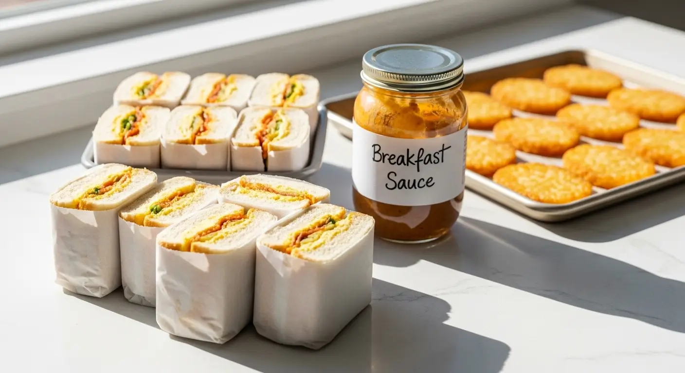 Neatly wrapped breakfast sandwiches with egg and bacon sit beside a jar of savory breakfast sauce and a tray of crispy hash browns on a white marble countertop, bathed in bright, natural morning sunlight.
