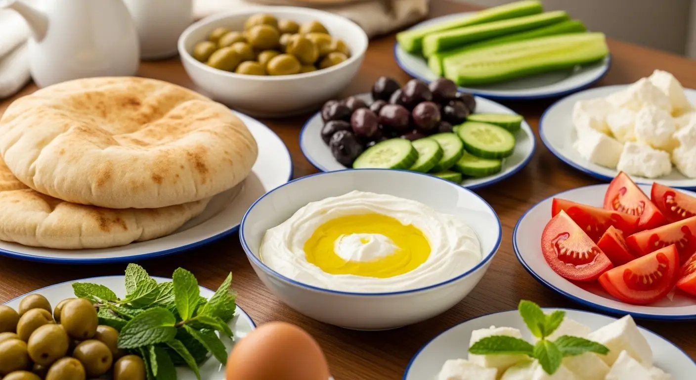 A vibrant Mediterranean breakfast spread featuring creamy labneh with olive oil, warm pita bread, and fresh sliced tomatoes. The wooden table includes bowls of olives, feta cheese, and crisp cucumbers under bright, natural lighting.