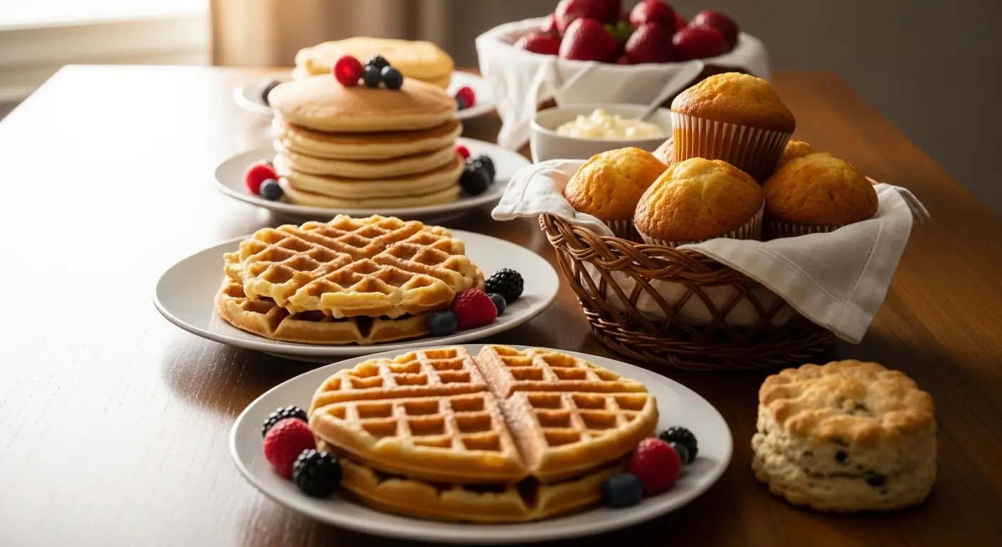 A lavish breakfast spread of golden waffles, fluffy pancakes, and fresh mixed berries arranged on a wooden table, featuring a basket of warm muffins and fresh strawberries in soft, natural morning light.