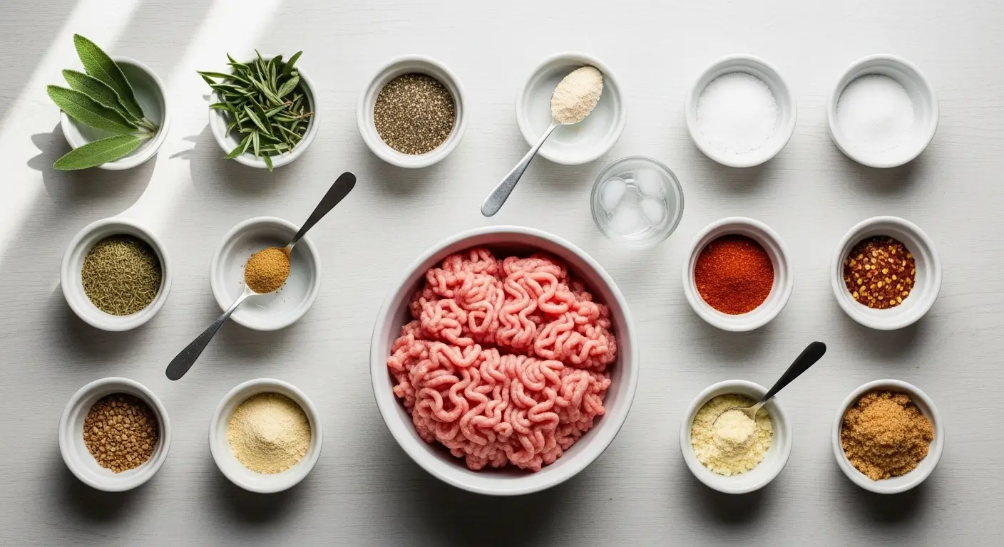 A bowl of raw ground meat surrounded by vibrant homemade sausage ingredients, including fresh sage, rosemary, and various colorful spices in white ramekins, all arranged on a light gray wooden surface under soft, natural morning light.