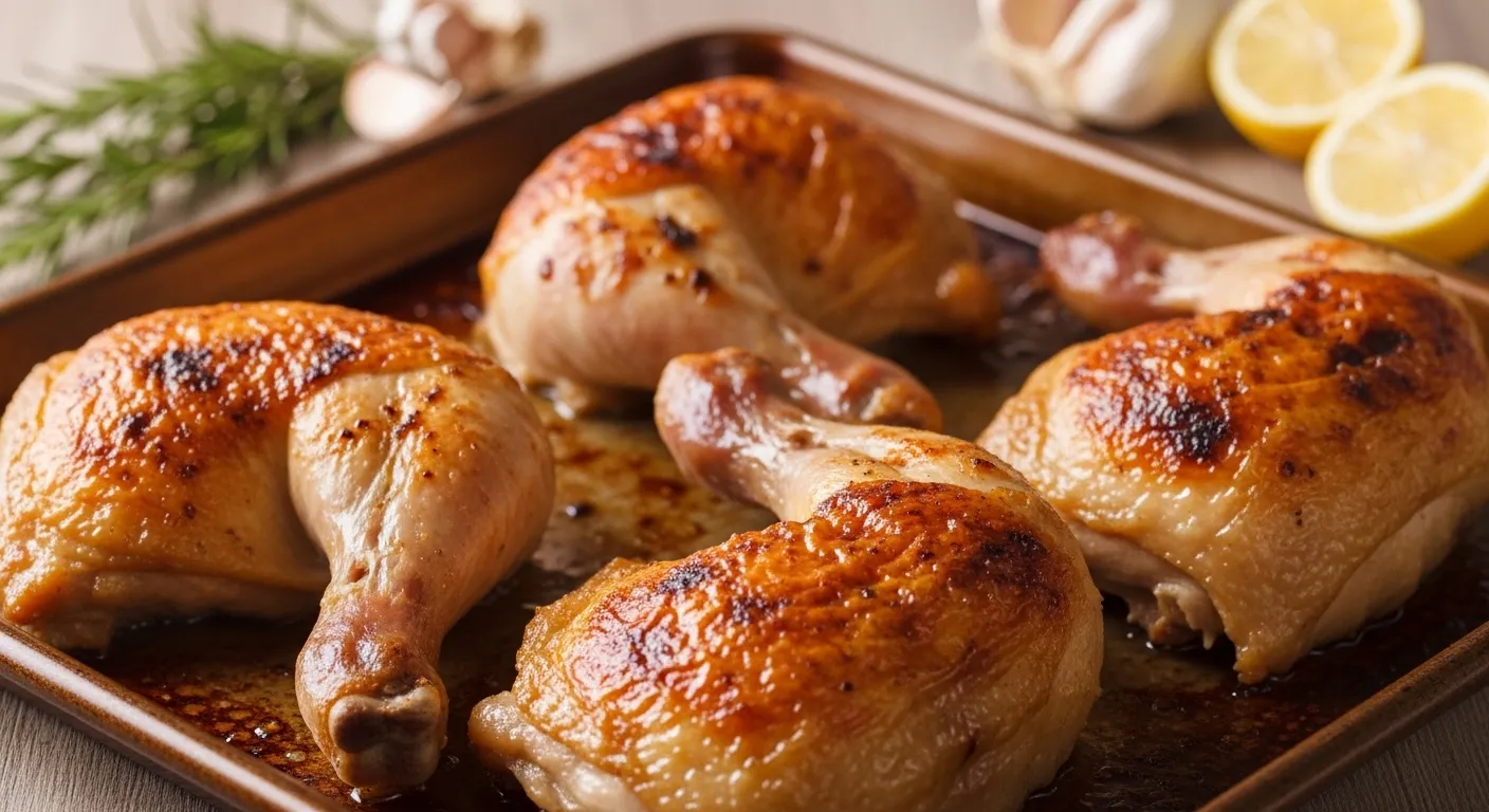 Four roasted chicken leg quarters with crispy golden-brown skin resting on a dark baking sheet. The savory scene is accented by fresh lemon halves, garlic, and rosemary under warm, soft lighting, emphasizing the glistening texture of the oven-baked poultry.