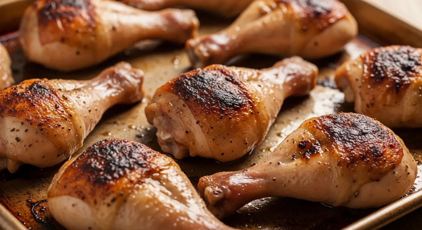 Golden-brown roasted chicken drumsticks with crispy, seasoned skin resting on a metallic baking sheet. The glistening chicken legs feature charred highlights under bright, warm lighting, emphasizing the savory texture of a perfectly baked meal.