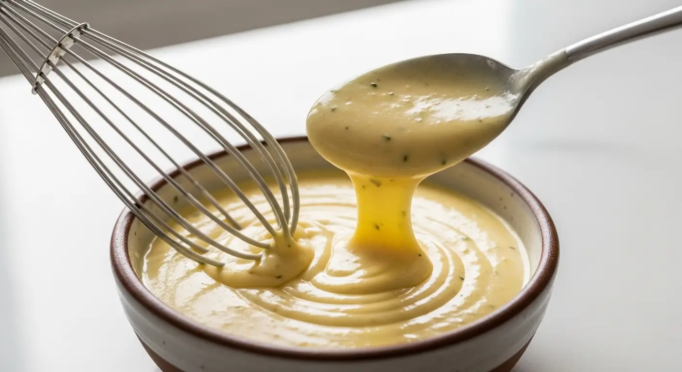 A thick, creamy Bearnaise sauce with fine herb flecks drips from a silver spoon into a rustic ceramic bowl. A stainless steel whisk rests in the velvety yellow emulsion under bright, soft lighting, emphasizing its smooth and glossy texture.
