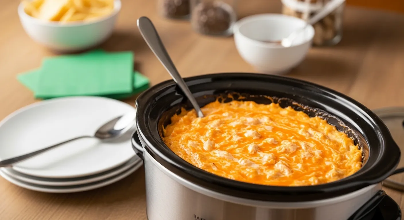 Creamy slow cooker buffalo chicken dip with a bubbly, orange cheese texture sits in a stainless steel crockpot on a rustic wooden table. The scene is illuminated by soft daylight, featuring white ceramic plates and green napkins for an easy party appetizer setting.